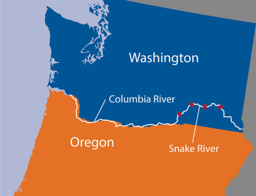 Washington and Oregon states with Snake River running through them