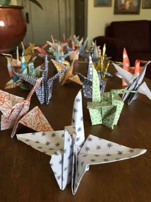 Sample paper cranes on a table