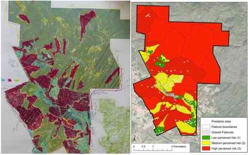 Fig. 2. We combined hand-drawn maps of coyote risk levels by ranchers (left) to create an overall perception risk map (right).