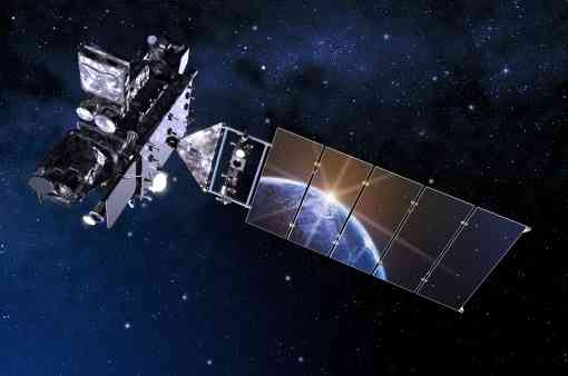 Artist's rendition of GOES R satellite with Earth reflecting off solar panel.