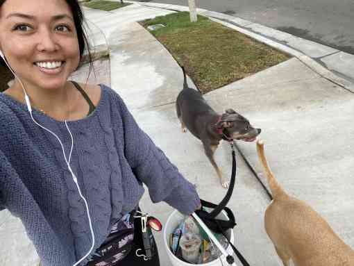 Cristina walking dogs and picking up trash