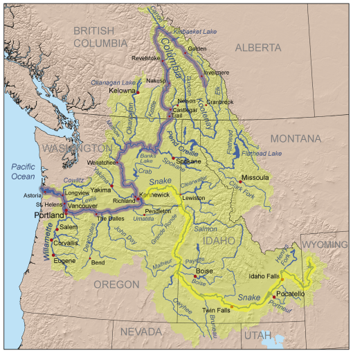 Map of Columbia River Watershed with Snake River highlighted in yellow and Columbia River highlighted in blue 