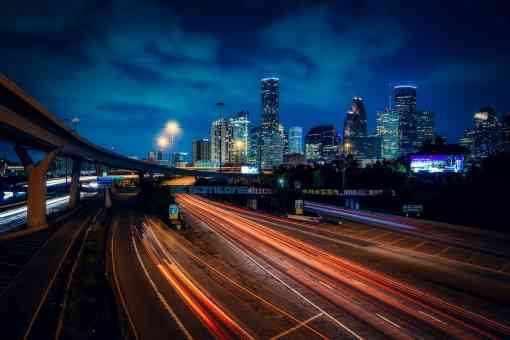 Houston Texas at night with long exposure cars