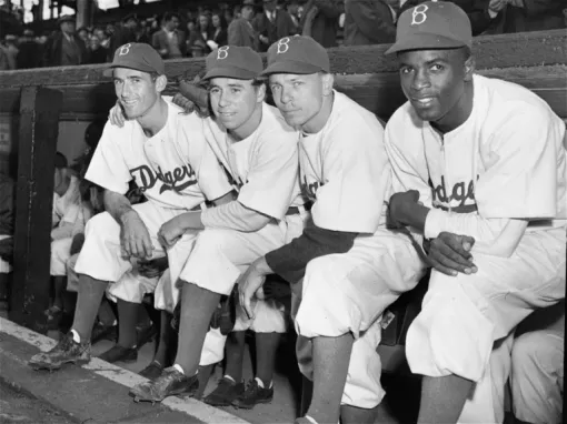 Jackie Robinson poses before the opener at Ebbets Field in New York.