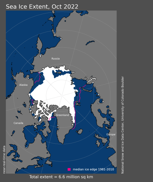 Arctic sea ice extent in October 2022 compared to the normal extent