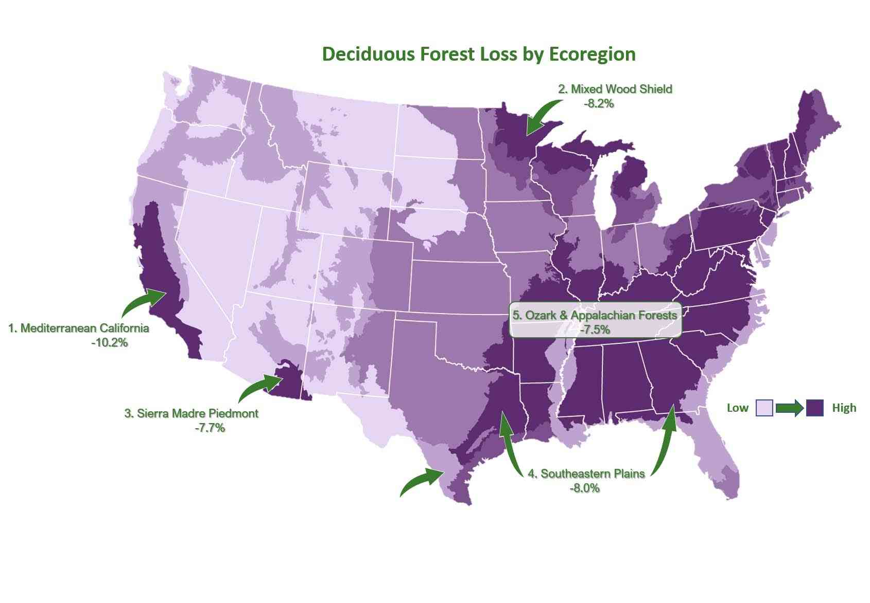 Map of deciduous forest loss by ecoregion 