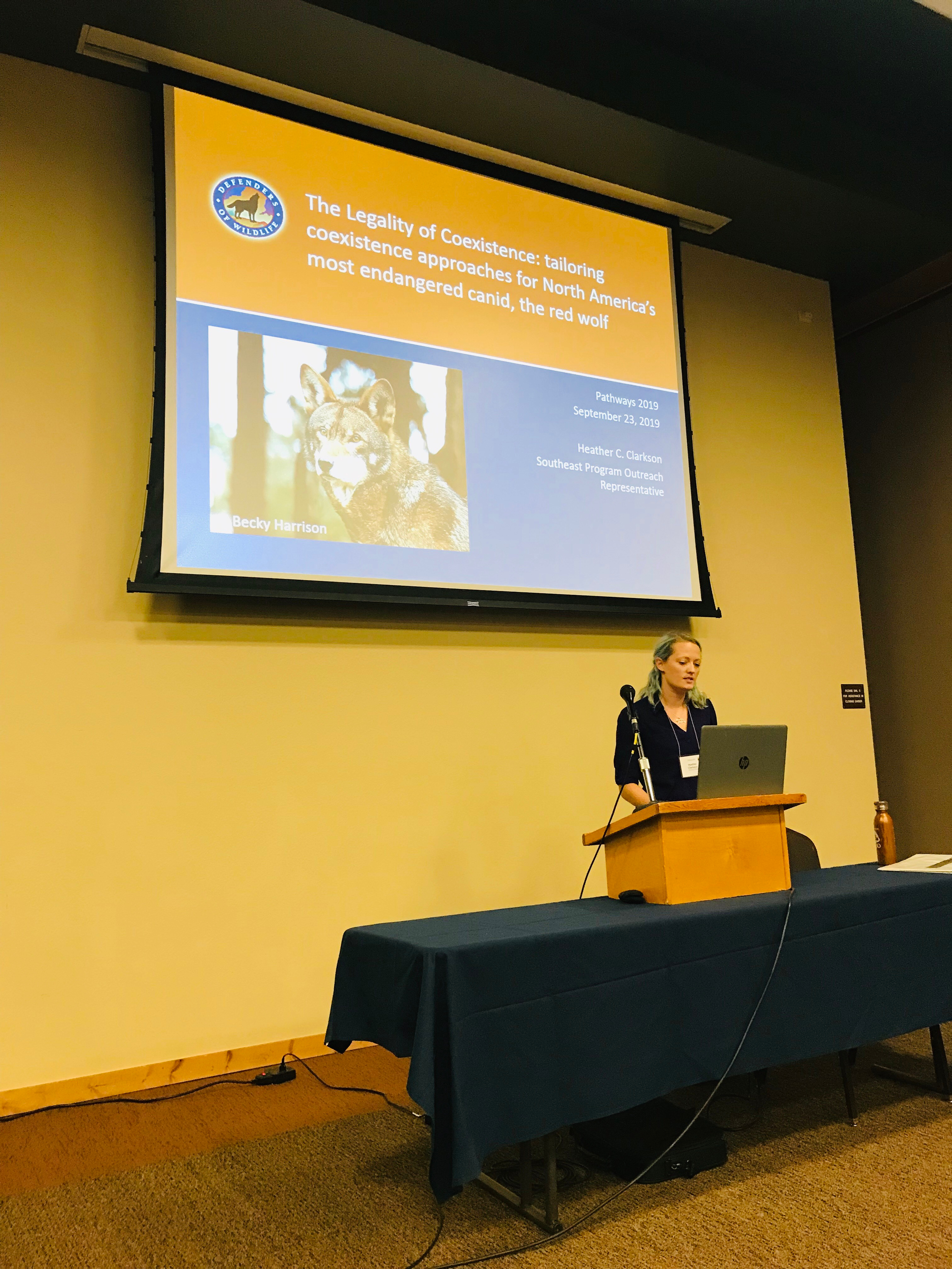 Pathways Conference 2019 Heather Clarkson talking to red wolf