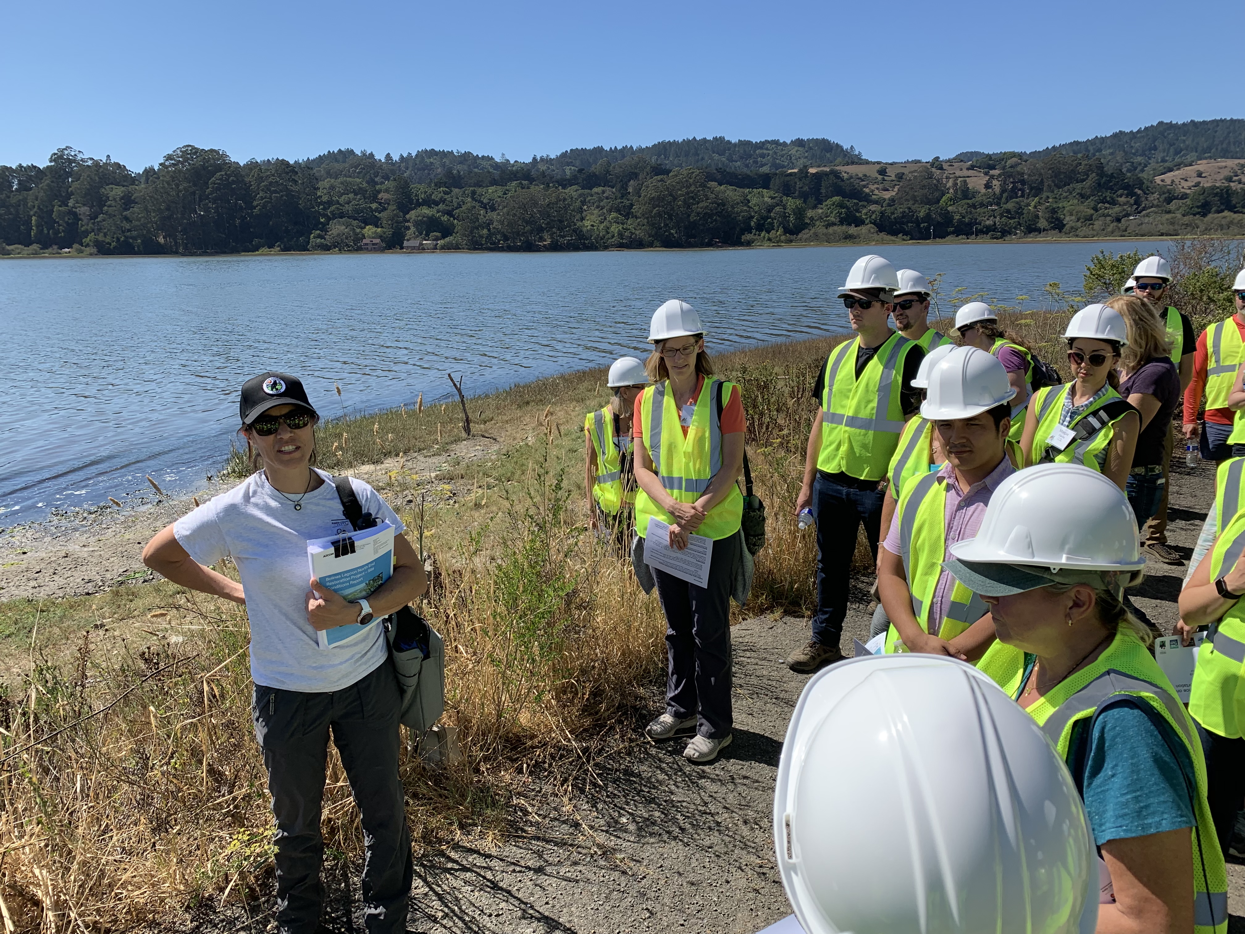 ICOET participants learn about impacts of sea level rise to the Pacific Coast Highway (CA-1) along Bolinas Lagoon during one of several conference field trips 