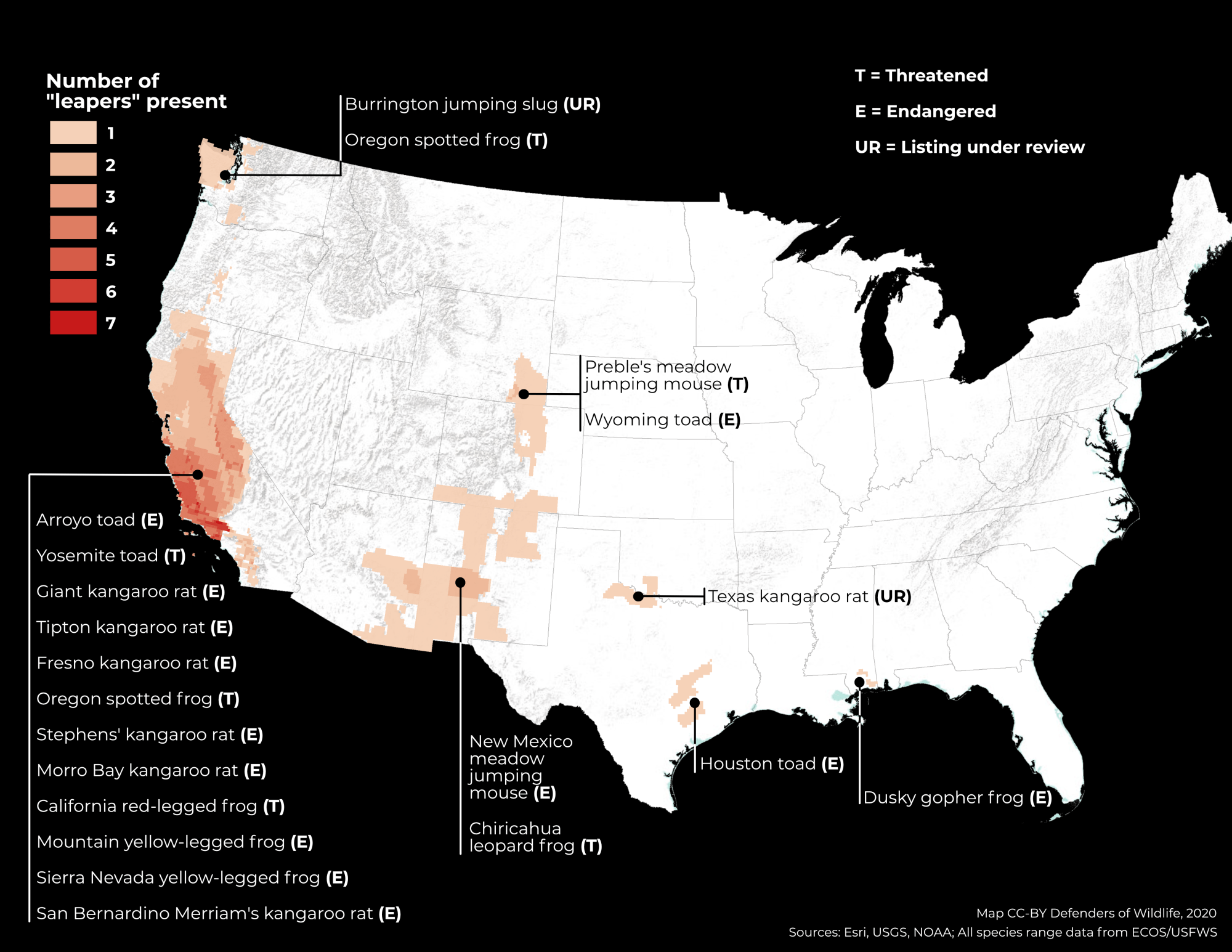 Map of listed leaper species