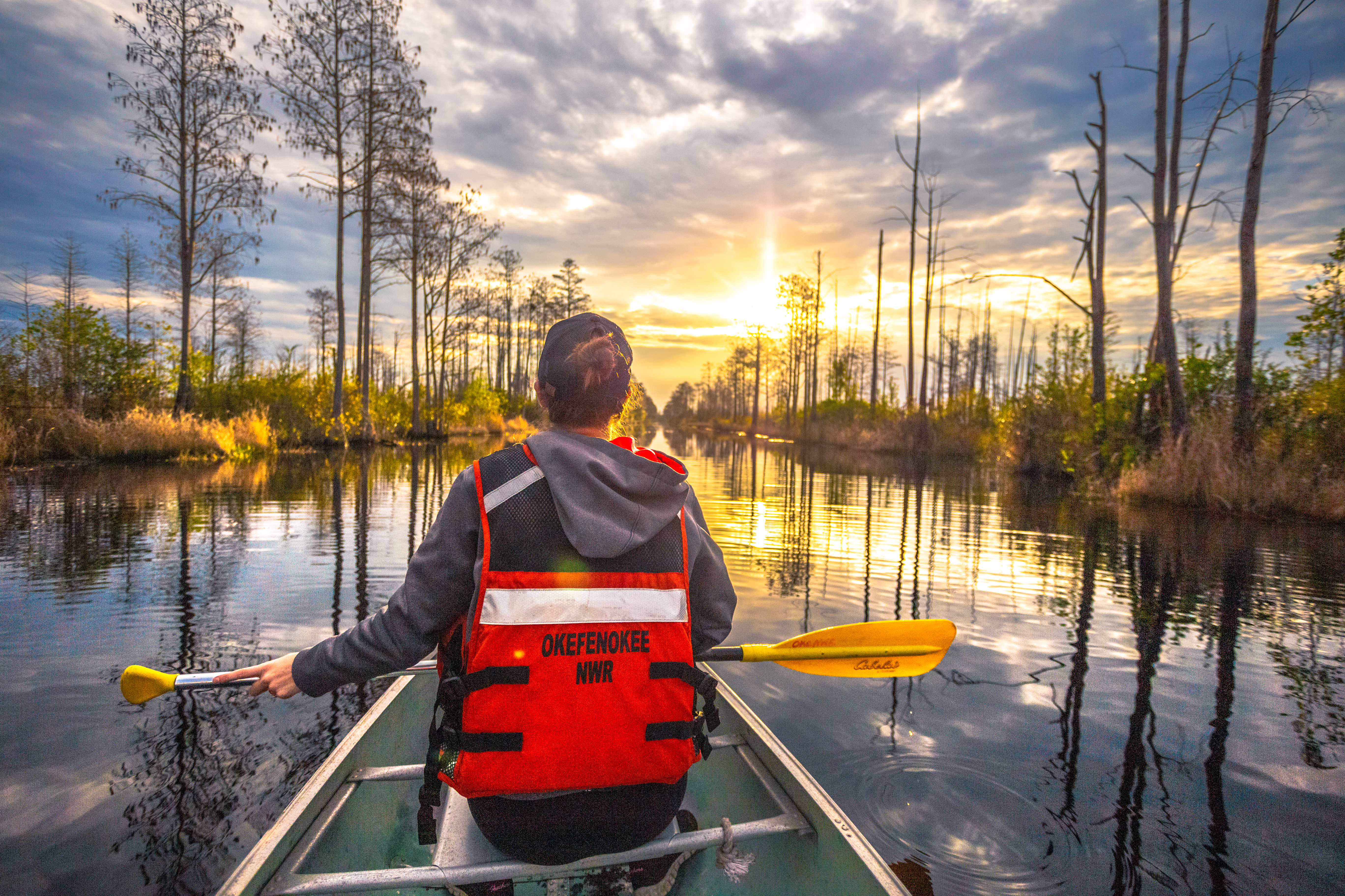 Paddler in a canoe Okefenokee Swamp Okefenokee Wilderness Area NWR