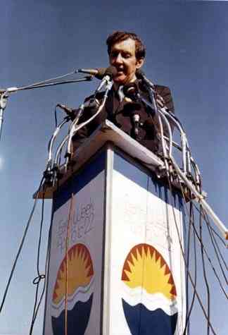 US Senator Edmund Muskie, author of the 1970 Clean Air Act, addressing an estimated 40,000-60,000 people as keynote speaker for Earth Day in Fairmount Park, Philadelphia on April 22, 1970.