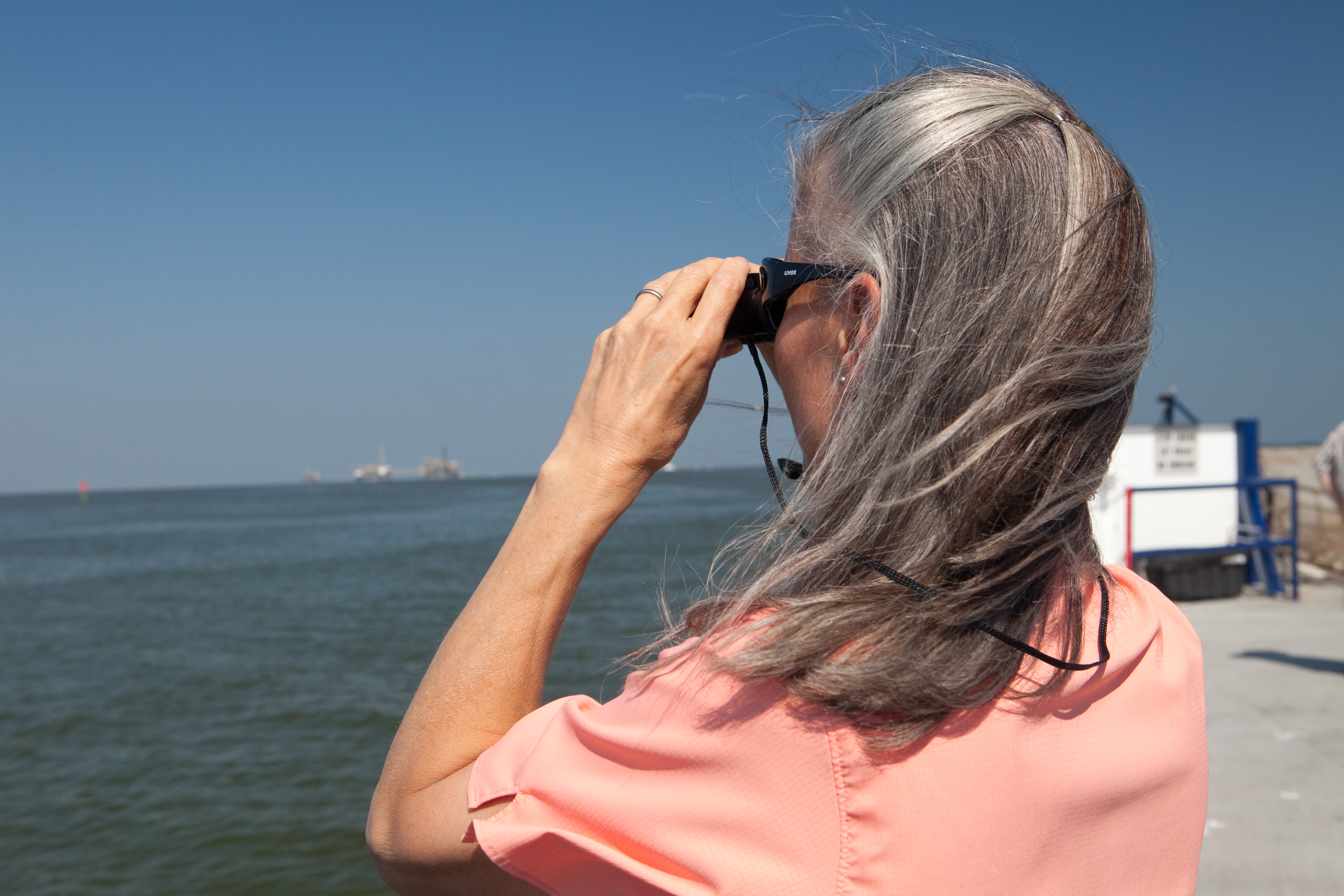 Jamie Rappaport Clark looking out over mobile bay after the BP oil spill 