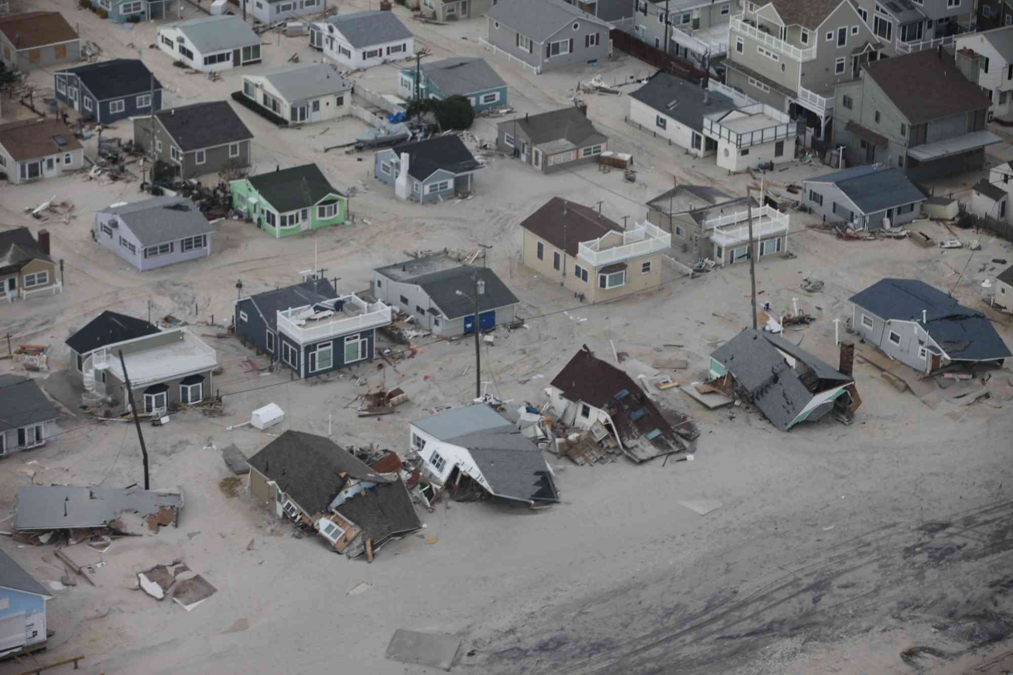 Aerial photo of damaged homes along New Jersey shore after Hurricane Sandy