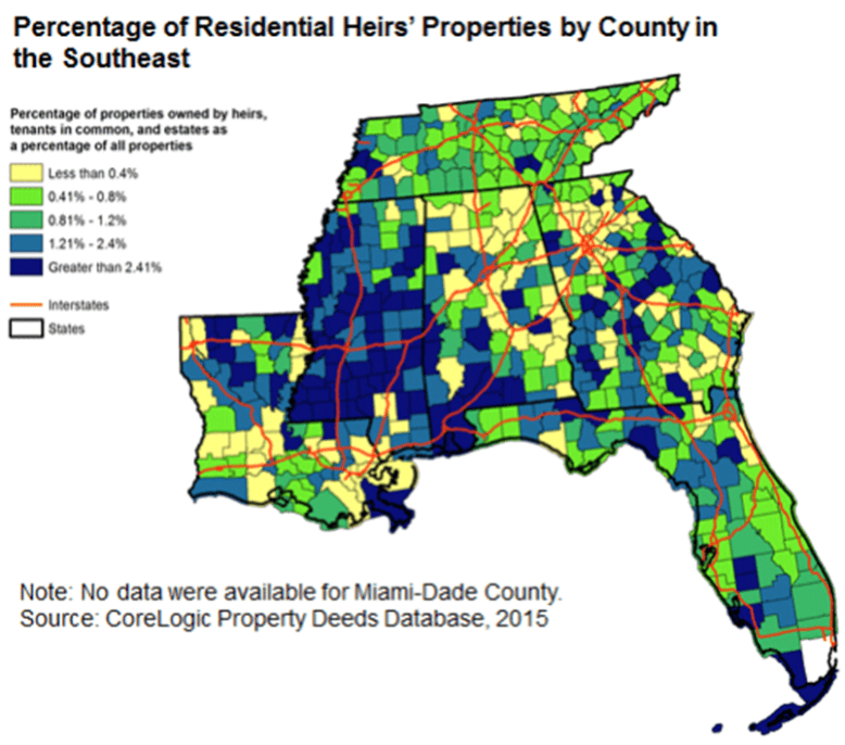 Percentage of residential heirs' properties by county in the southeast 