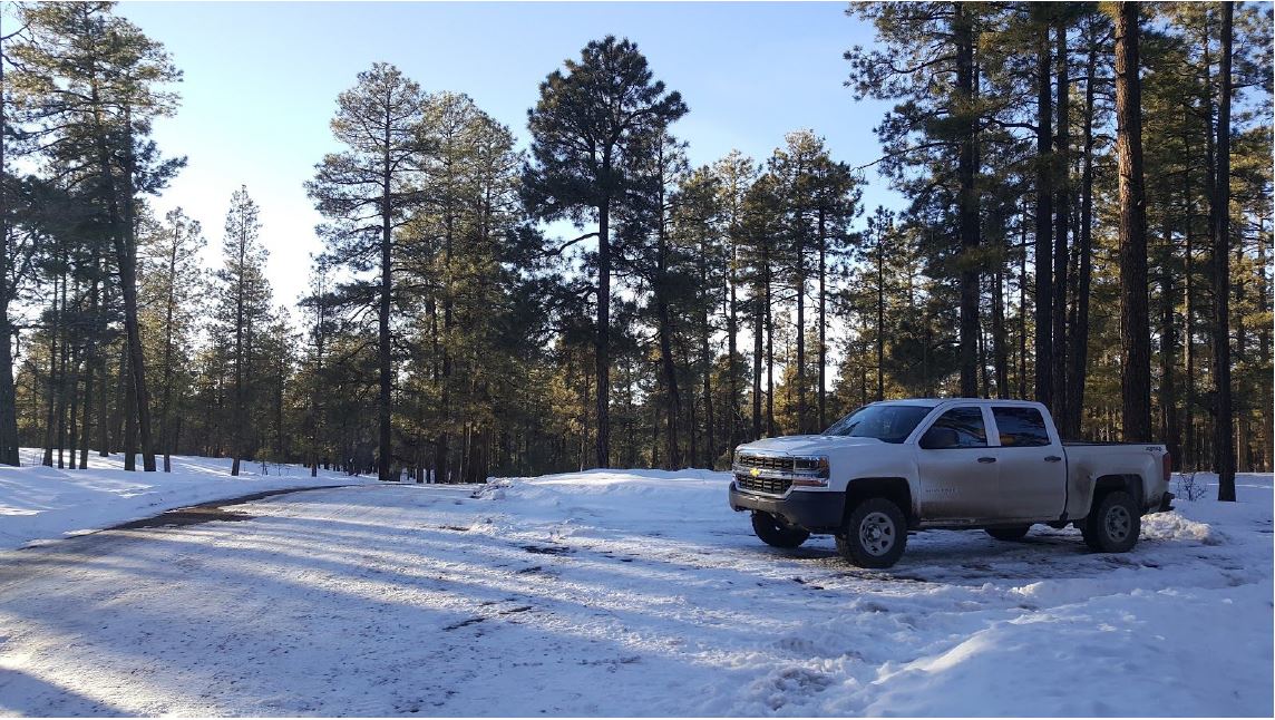 January 2020 snowy road with truck