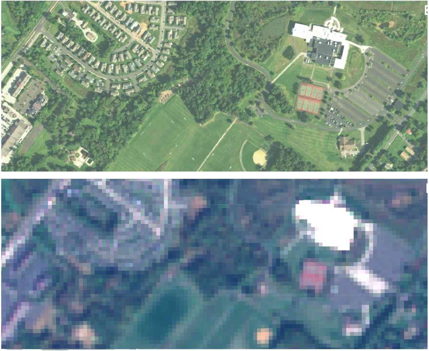 Figure 1 Examples of a 1-m resolution image (above) taken by the National Agricultural Imagery Program, and a 10-m resolution image (below) from the Sentinel-2 satellite system.