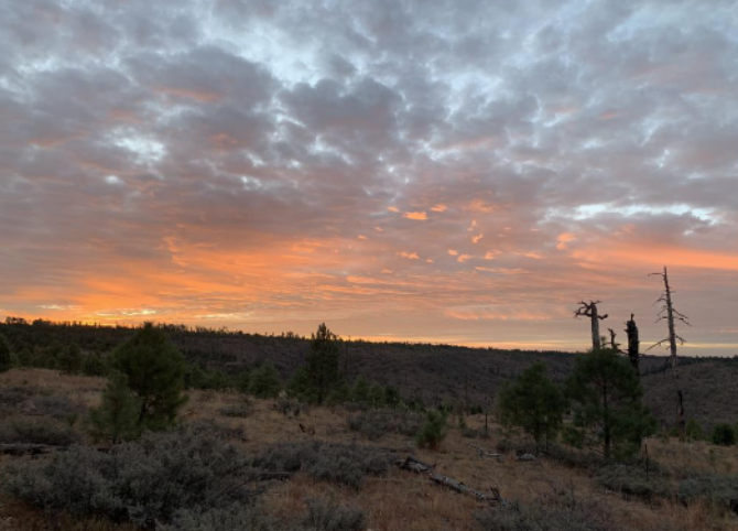 Orange sunrise over forest hills on top of Mongollon Rim