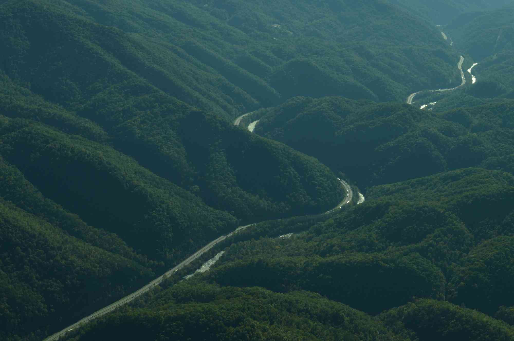 Aerial shot of I-40 through the Pigeon River Gorge