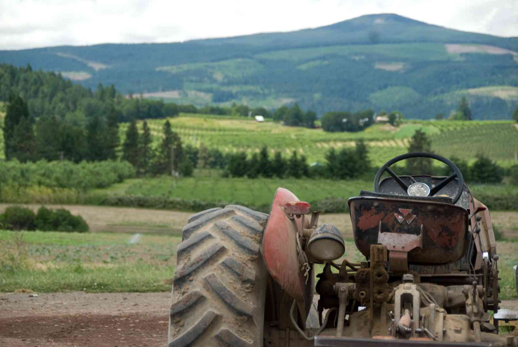 A tractor in front of a hilly landscape