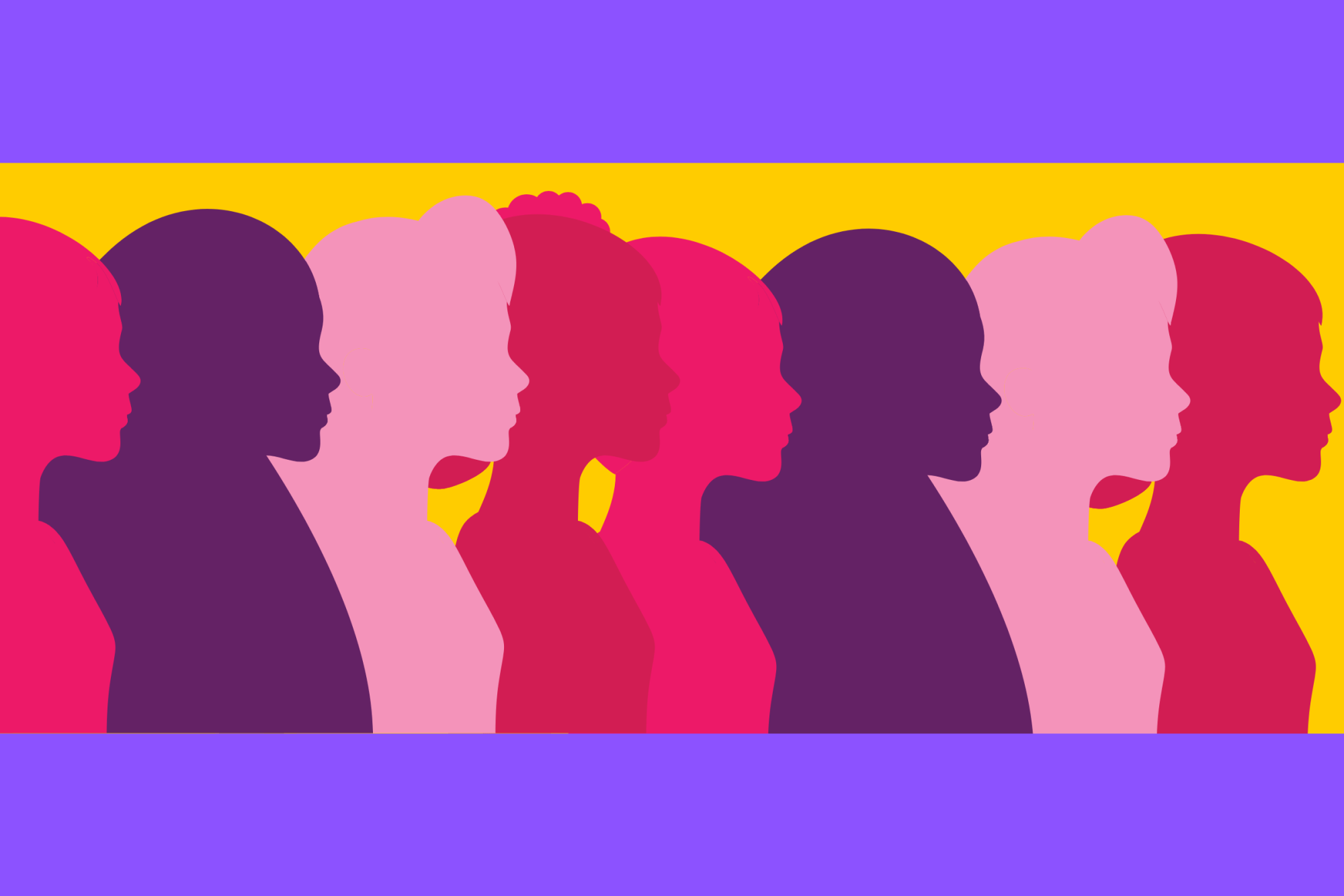 Illustration of women in purple, pink, red with a purple and gold background