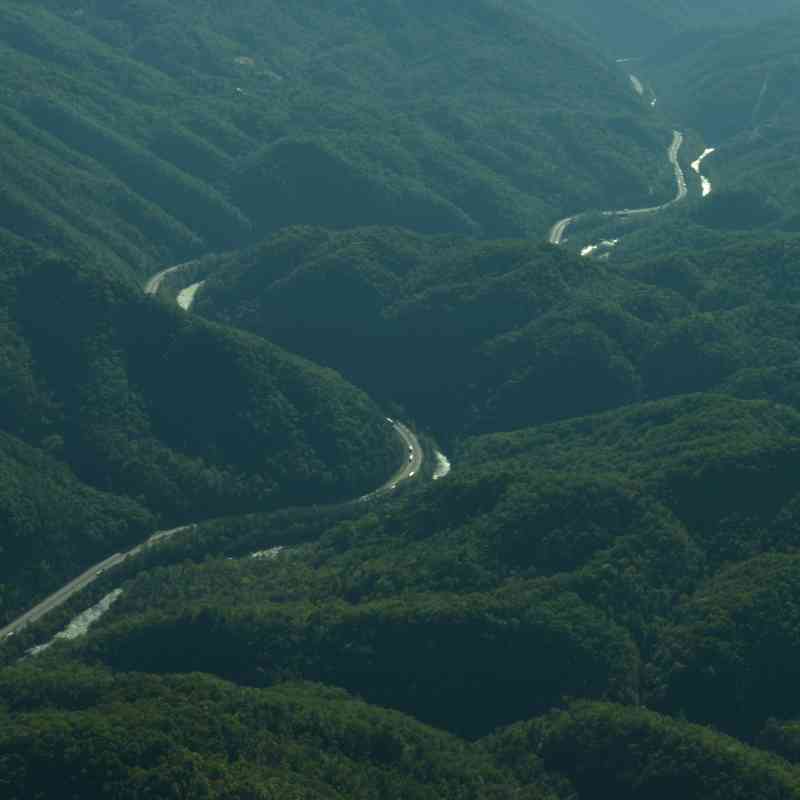 Aerial shot of I-40 through the Pigeon River Gorge