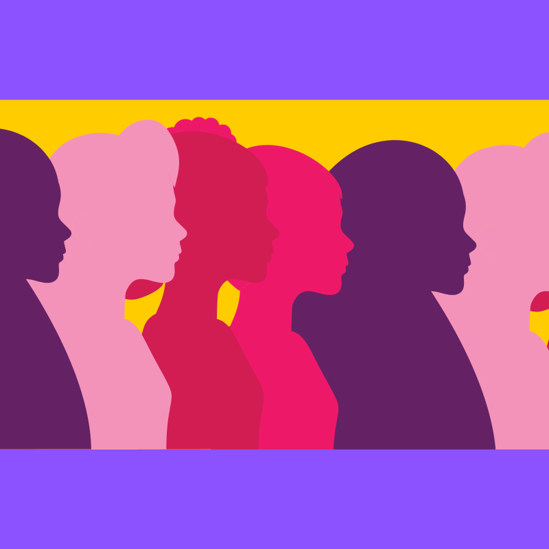 Illustration of women in purple, pink, red with a purple and gold background